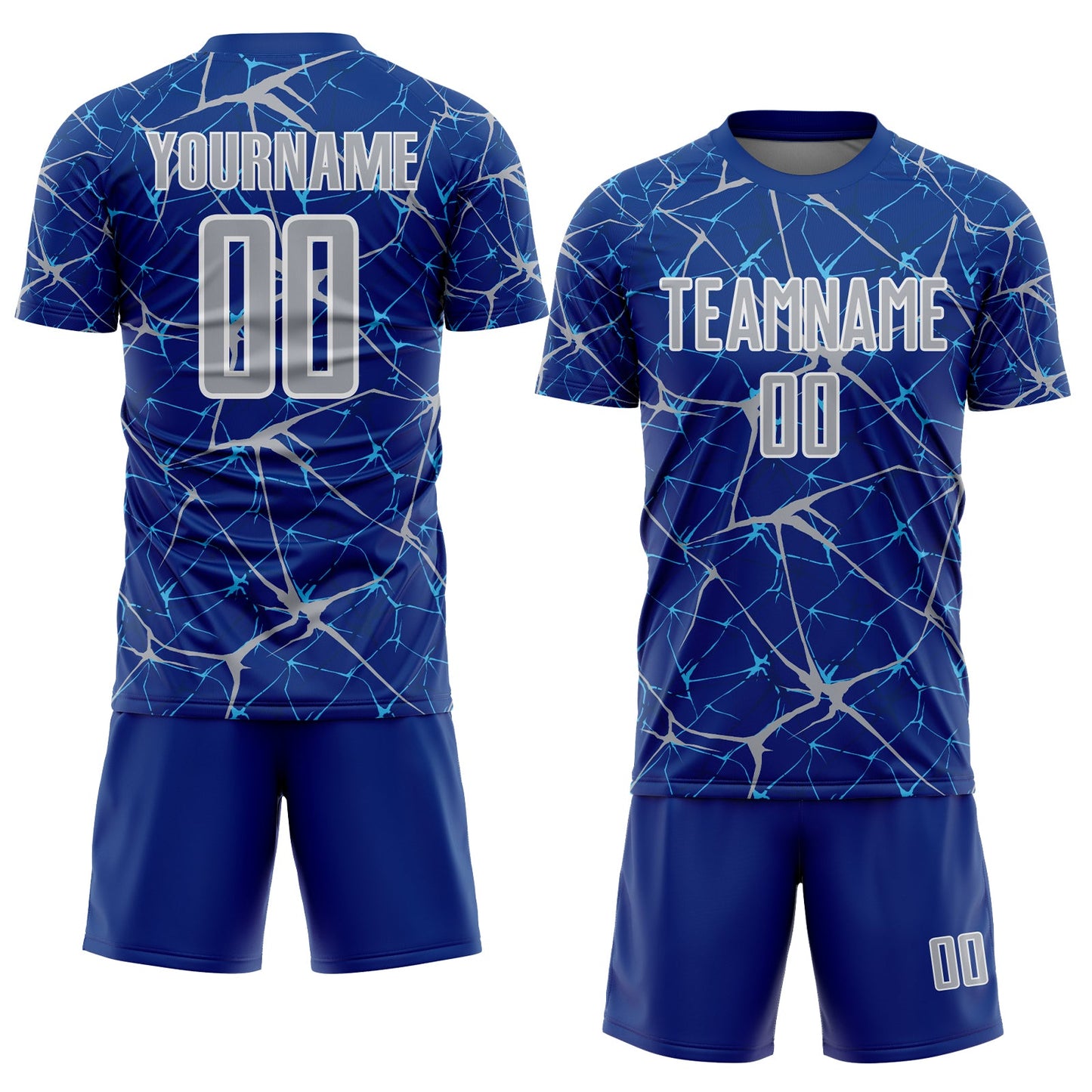 Custom Royal Gray-White Abstract Network Crackle Sublimation Soccer Uniform Jersey view 2