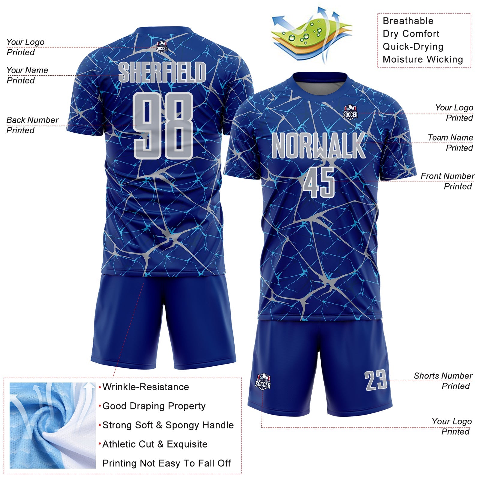 Custom Royal Gray-White Abstract Network Crackle Sublimation Soccer Uniform Jersey view 4