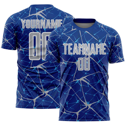 Custom Royal Gray-White Abstract Network Crackle Sublimation Soccer Uniform Jersey - Main View