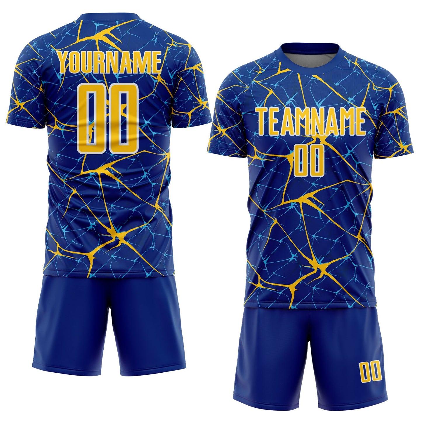 Custom Royal Yellow-White Abstract Network Crackle Sublimation Soccer Uniform Jersey view 2