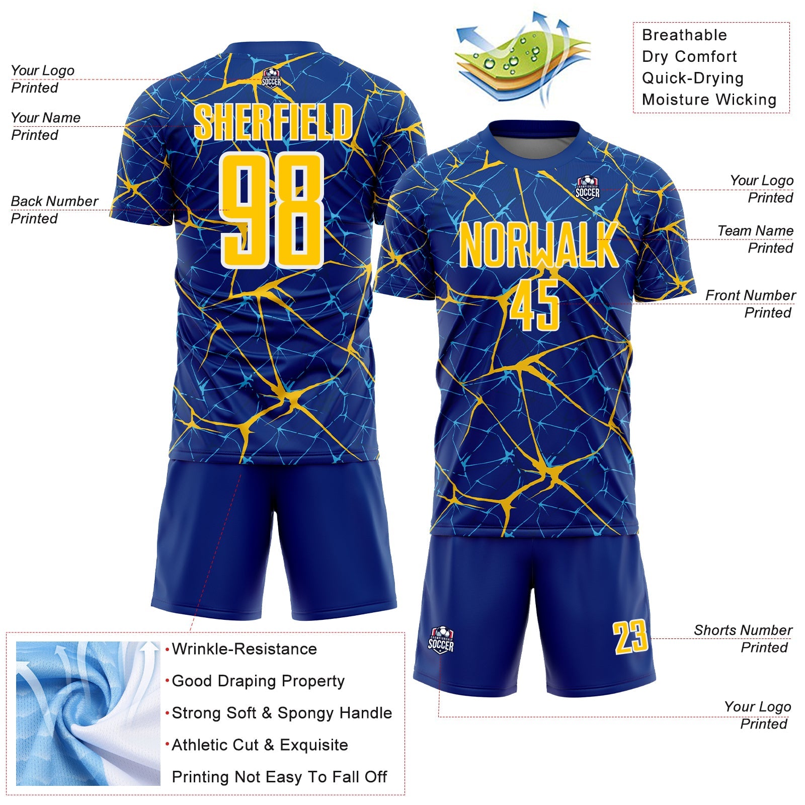 Custom Royal Yellow-White Abstract Network Crackle Sublimation Soccer Uniform Jersey view 4