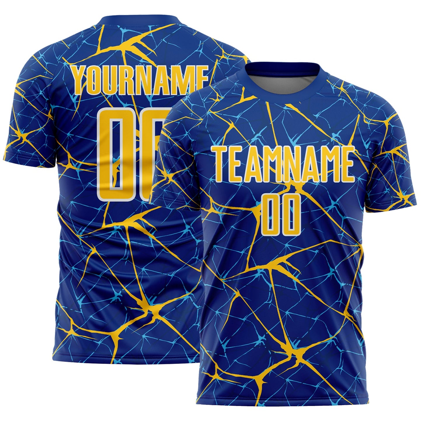 Custom Royal Yellow-White Abstract Network Crackle Sublimation Soccer Uniform Jersey - Main View