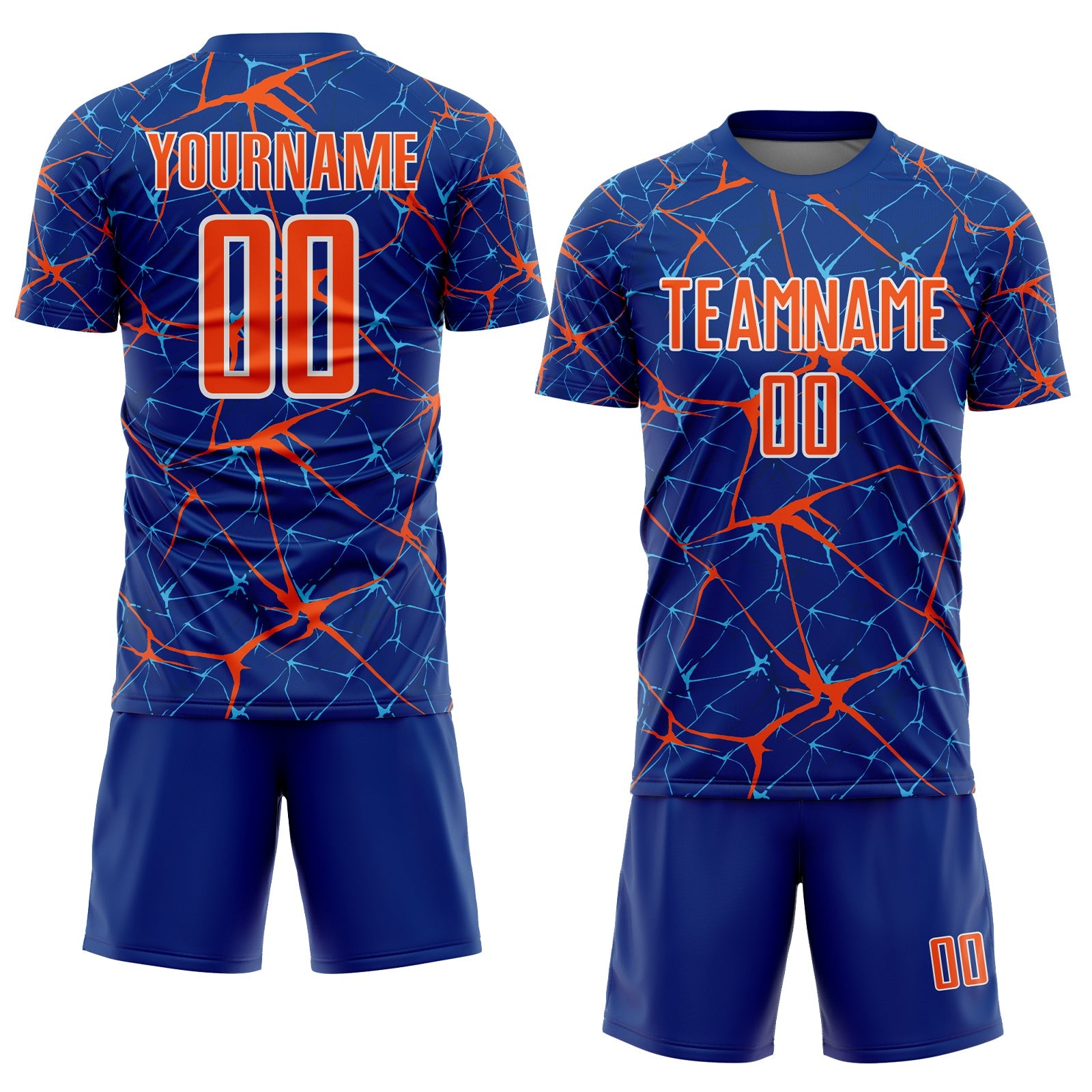 Custom Royal Orange-White Abstract Network Crackle Sublimation Soccer Uniform Jersey view 2