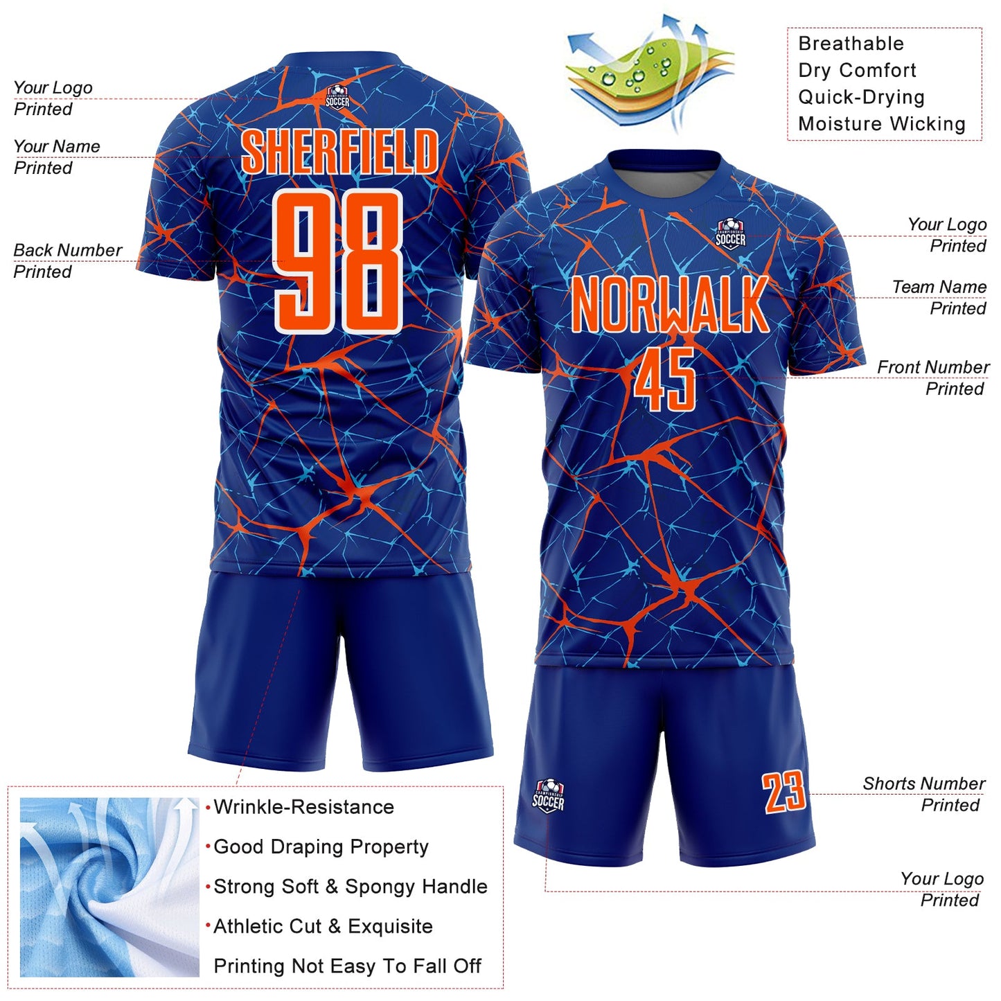 Custom Royal Orange-White Abstract Network Crackle Sublimation Soccer Uniform Jersey view 4