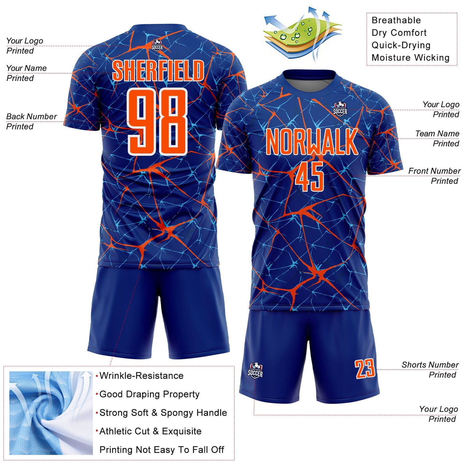 Custom Royal Orange-White Abstract Network Crackle Sublimation Soccer Uniform Jersey view 4