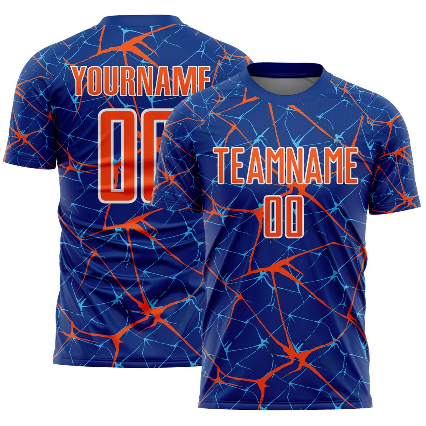 Custom Royal Orange-White Abstract Network Crackle Sublimation Soccer Uniform Jersey - Main View