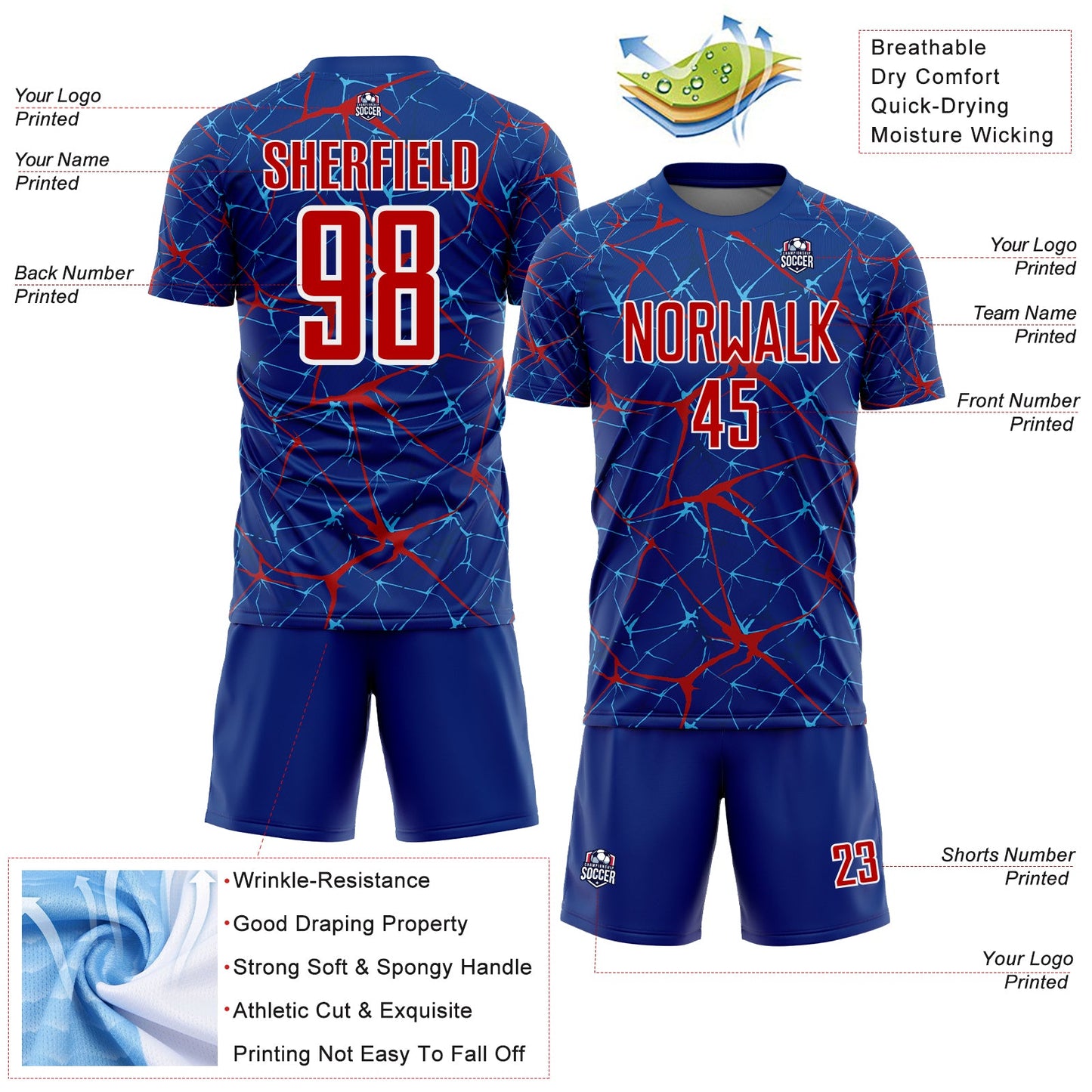 Custom Royal Red-White Abstract Network Crackle Sublimation Soccer Uniform Jersey view 4