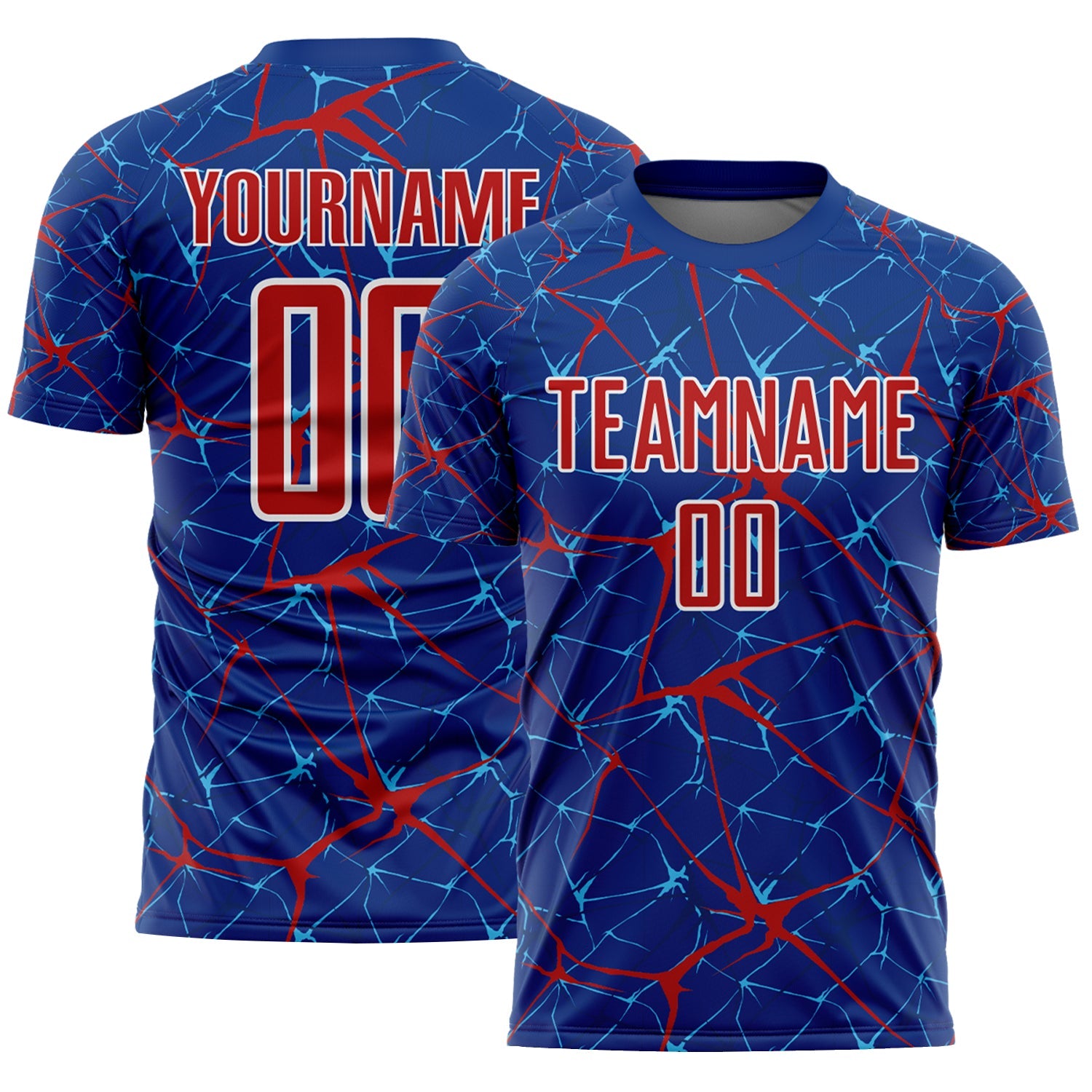 Custom Royal Red-White Abstract Network Crackle Sublimation Soccer Uniform Jersey - Main View