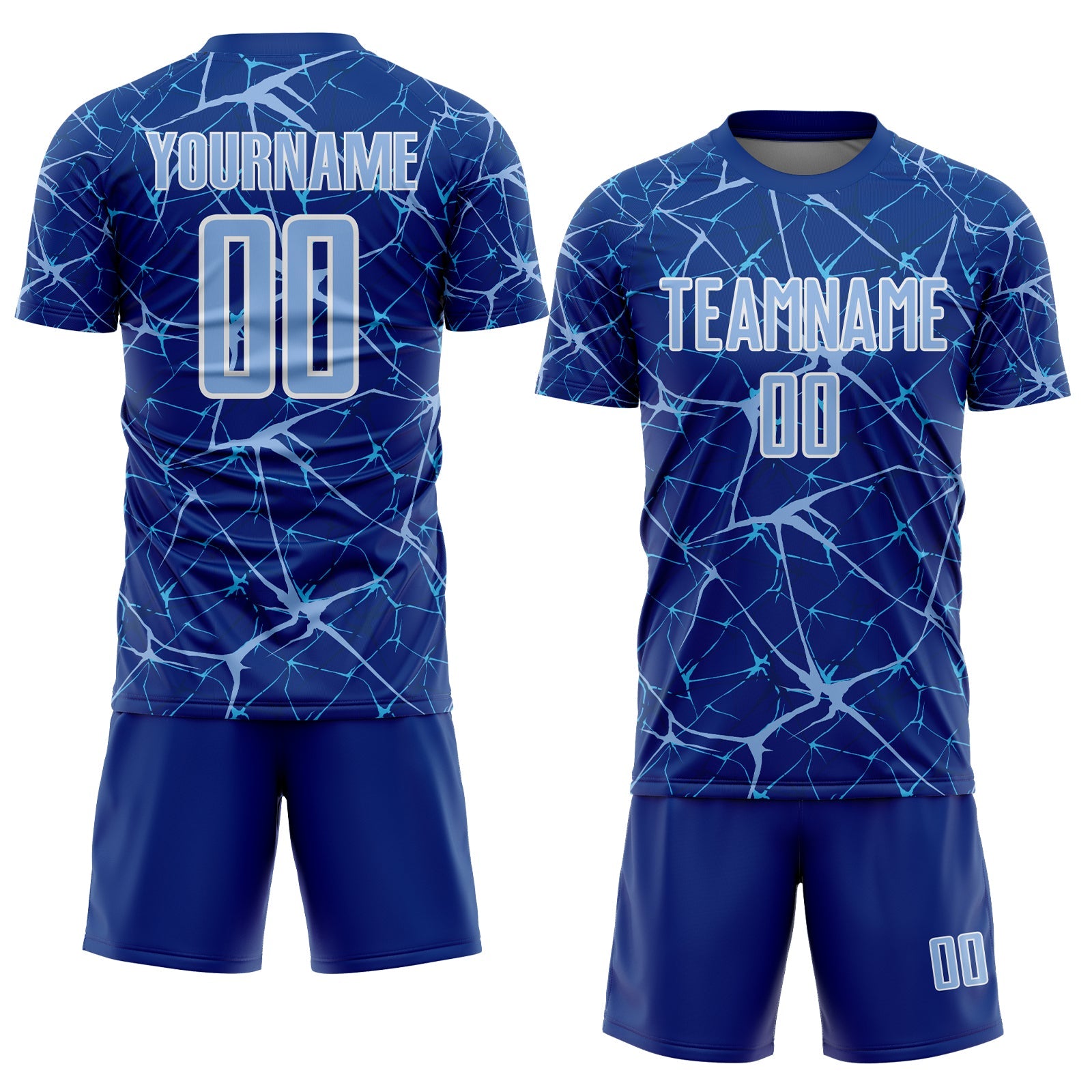 Custom Royal Light Blue-White Abstract Network Crackle Sublimation Soccer Uniform Jersey view 2