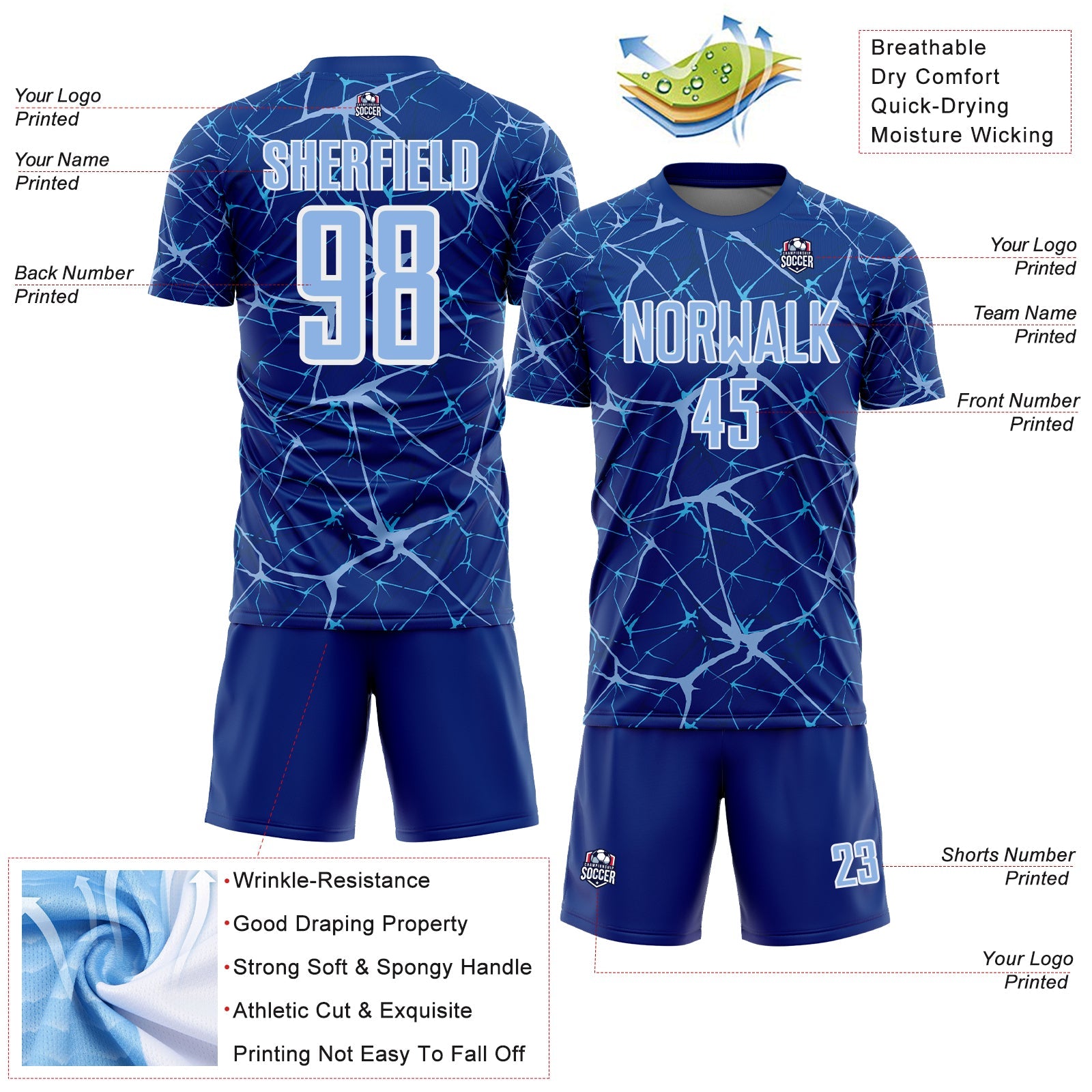 Custom Royal Light Blue-White Abstract Network Crackle Sublimation Soccer Uniform Jersey view 4