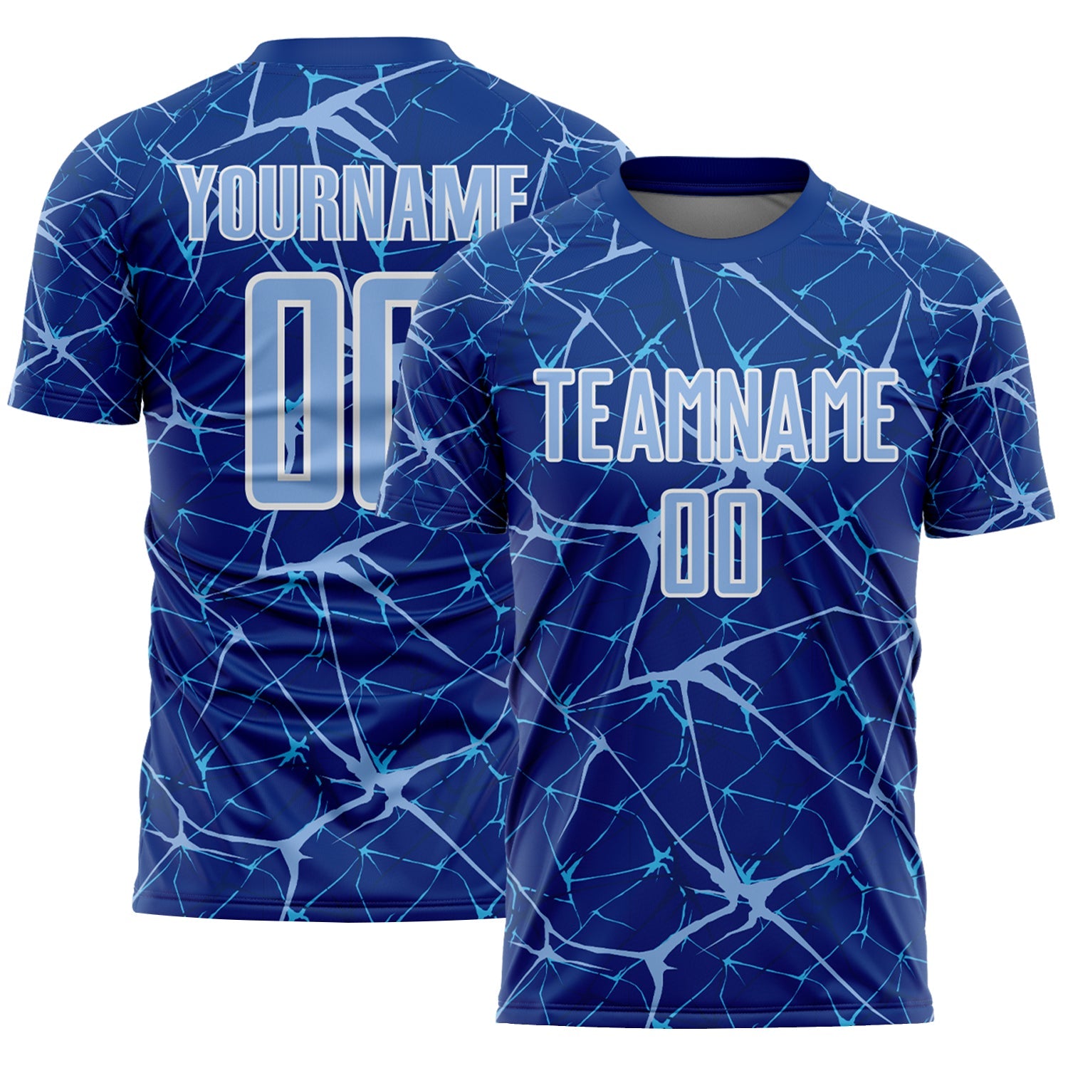 Custom Royal Light Blue-White Abstract Network Crackle Sublimation Soccer Uniform Jersey - Main View