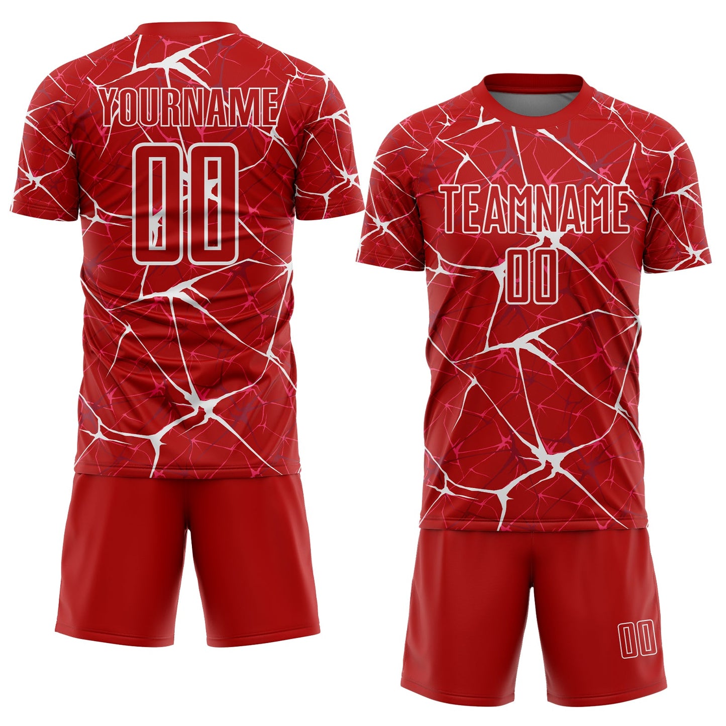 Custom Red-White Abstract Network Crackle Sublimation Soccer Uniform Jersey view 2