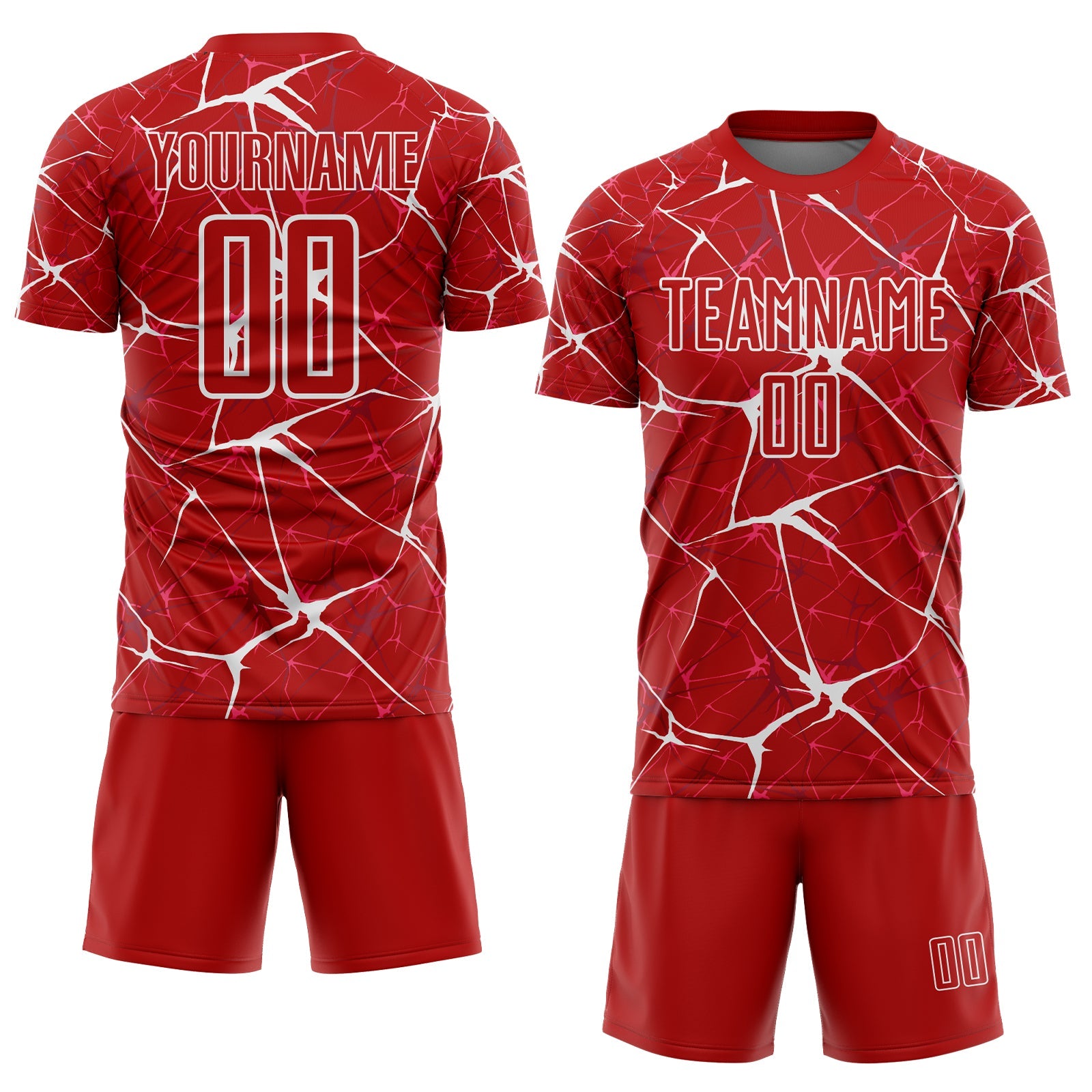 Custom Red-White Abstract Network Crackle Sublimation Soccer Uniform Jersey view 2