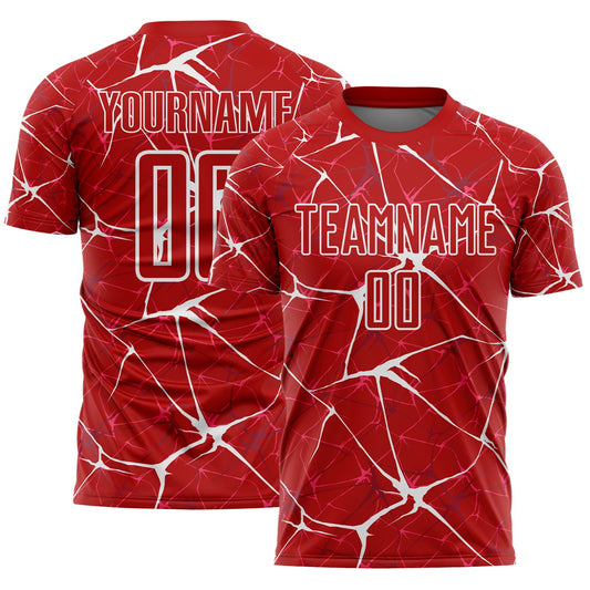 Custom Red-White Abstract Network Crackle Sublimation Soccer Uniform Jersey - Main View