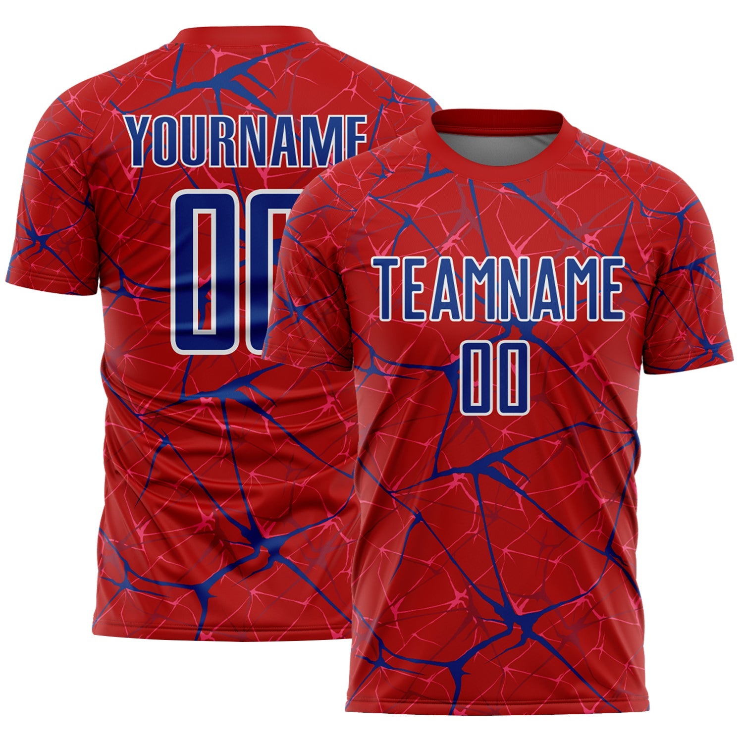 Custom Red Royal-White Abstract Network Crackle Sublimation Soccer Uniform Jersey - Main View