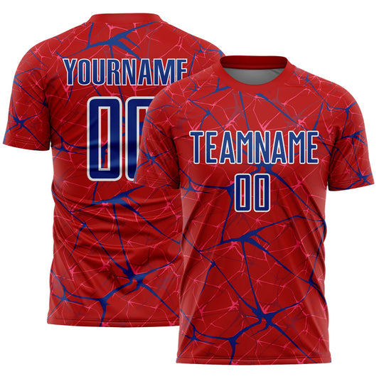 Custom Red Royal-White Abstract Network Crackle Sublimation Soccer Uniform Jersey - Main View
