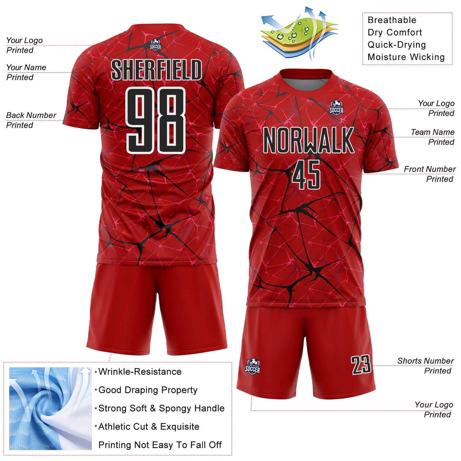 Custom Red Black-White Abstract Network Crackle Sublimation Soccer Uniform Jersey view 4