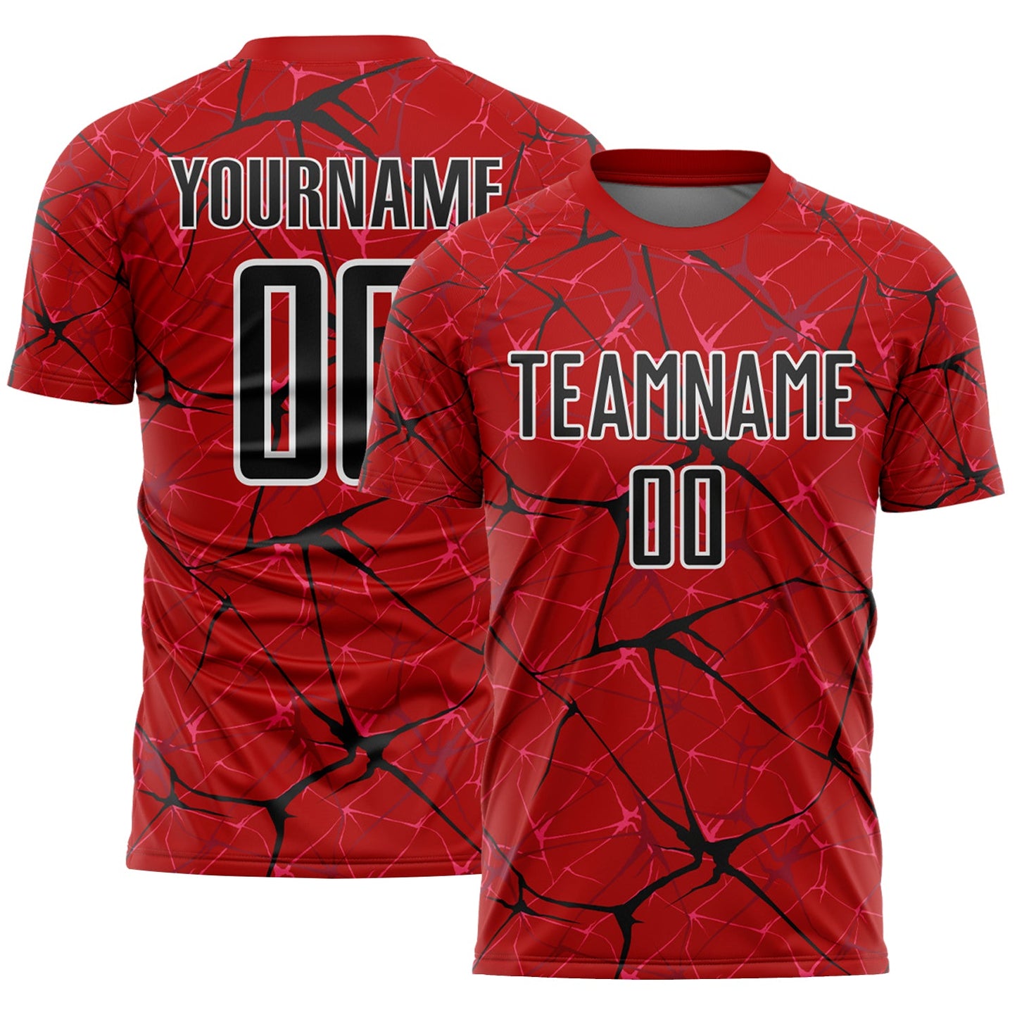 Custom Red Black-White Abstract Network Crackle Sublimation Soccer Uniform Jersey - Main View