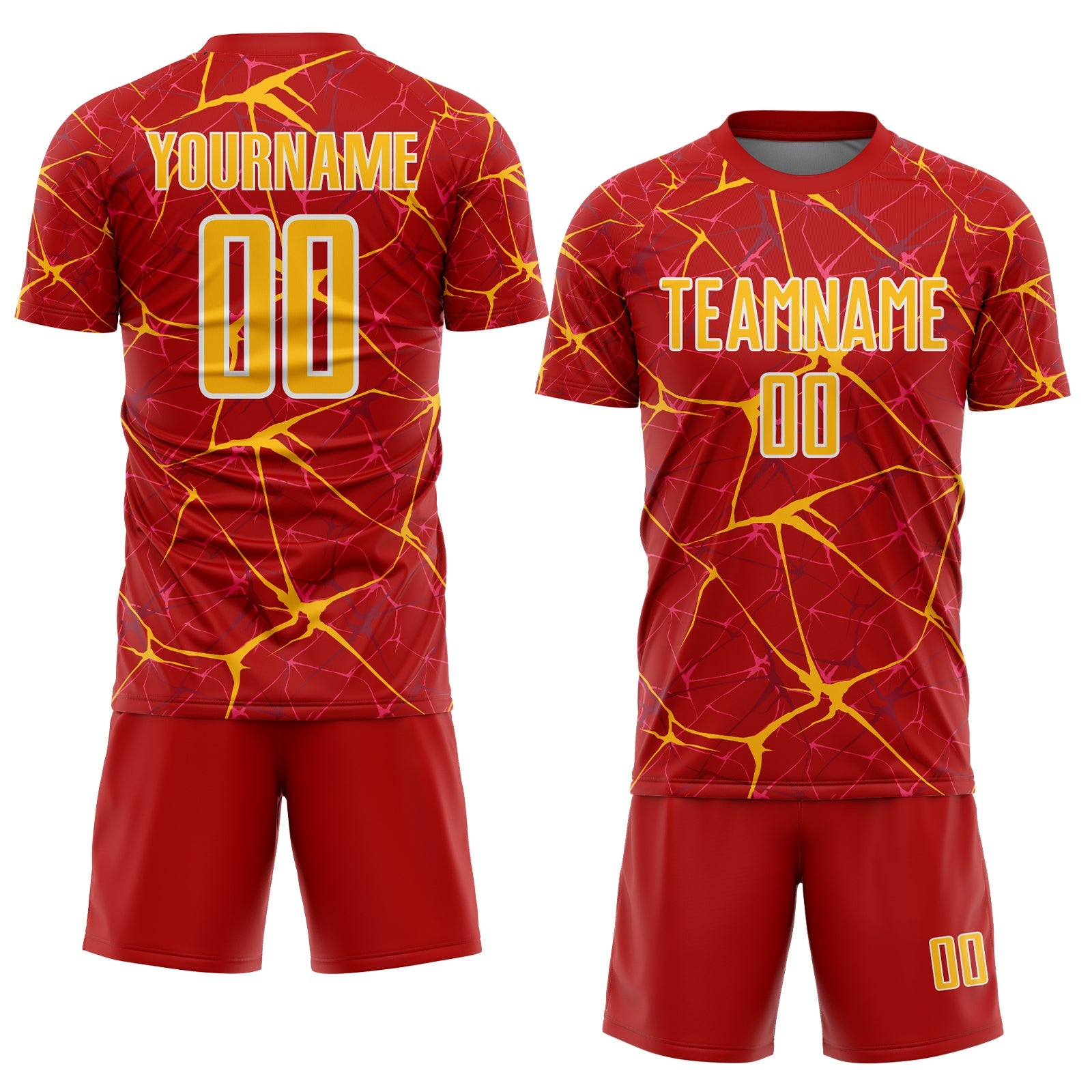 Custom Red Gold-White Abstract Network Crackle Sublimation Soccer Uniform Jersey view 2
