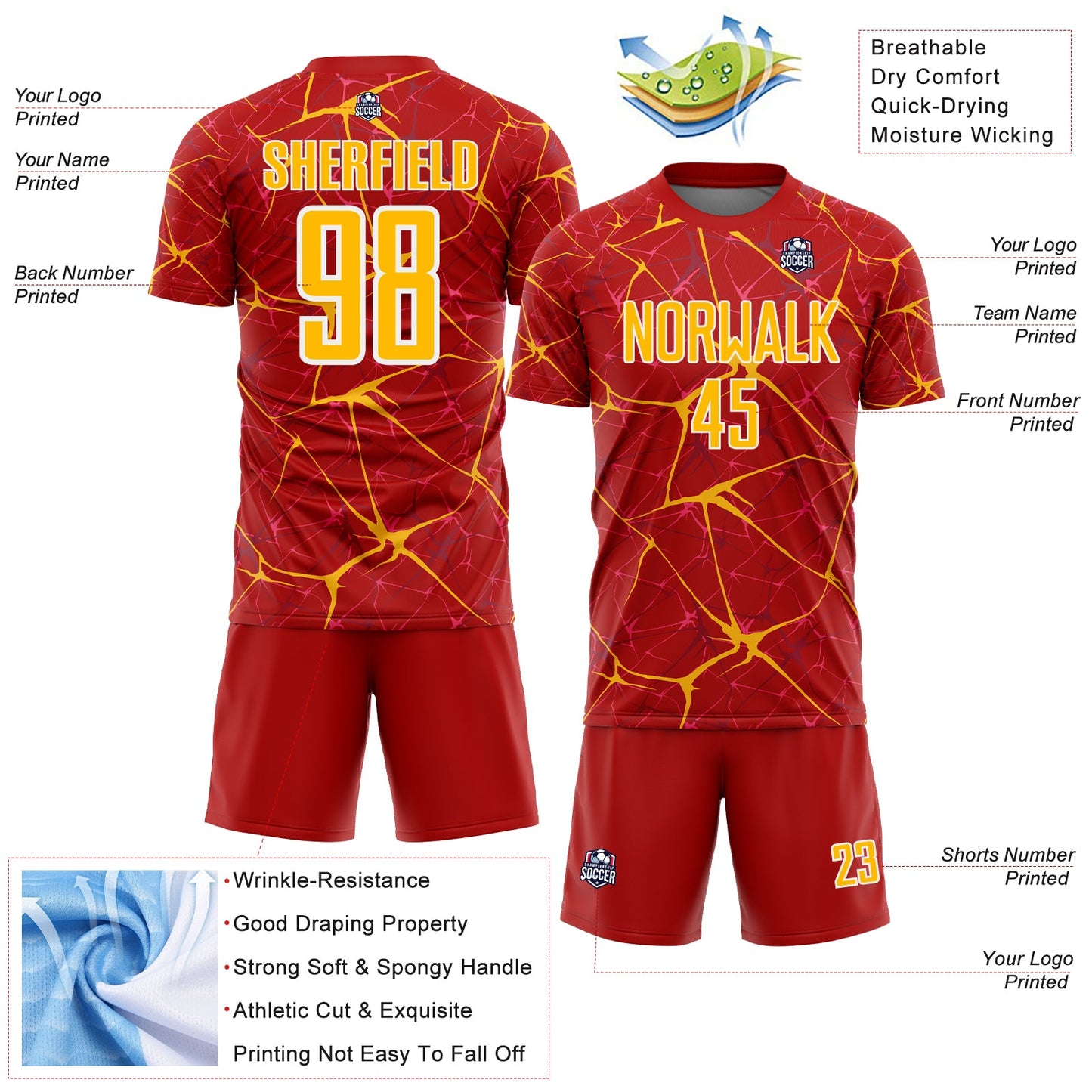 Custom Red Gold-White Abstract Network Crackle Sublimation Soccer Uniform Jersey view 4