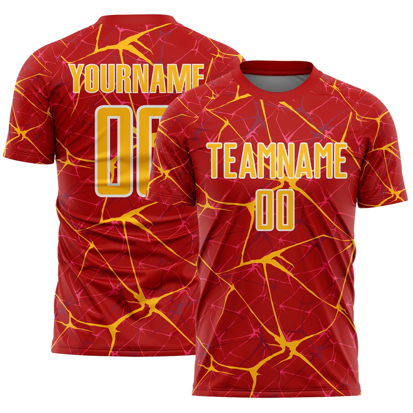 Custom Red Gold-White Abstract Network Crackle Sublimation Soccer Uniform Jersey - Main View