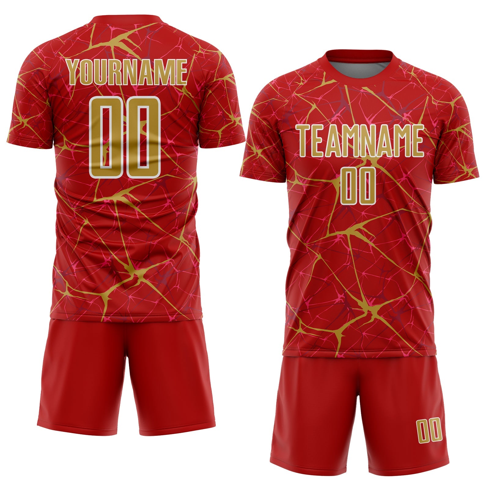 Custom Red Old Gold-White Abstract Network Crackle Sublimation Soccer Uniform Jersey view 2