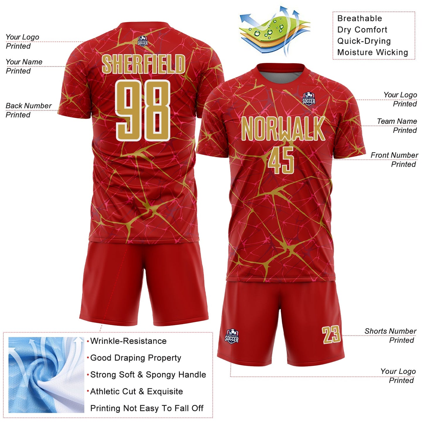 Custom Red Old Gold-White Abstract Network Crackle Sublimation Soccer Uniform Jersey view 4