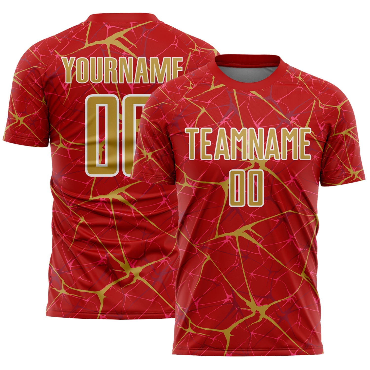 Custom Red Old Gold-White Abstract Network Crackle Sublimation Soccer Uniform Jersey - Main View