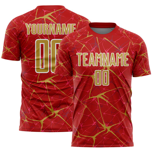 Custom Red Old Gold-White Abstract Network Crackle Sublimation Soccer Uniform Jersey - Main View