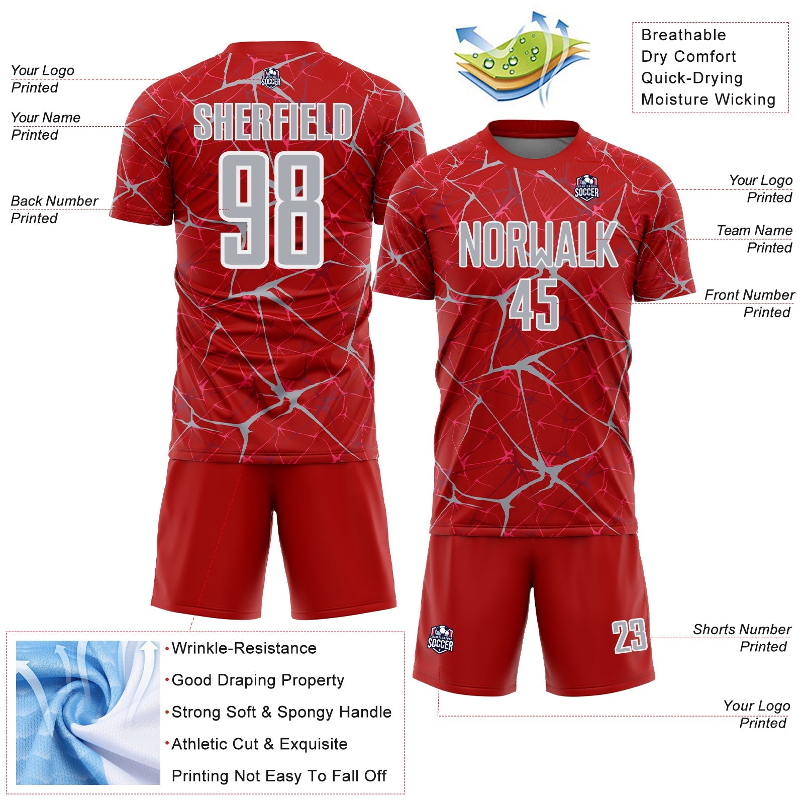 Custom Red Gray-White Abstract Network Crackle Sublimation Soccer Uniform Jersey view 4