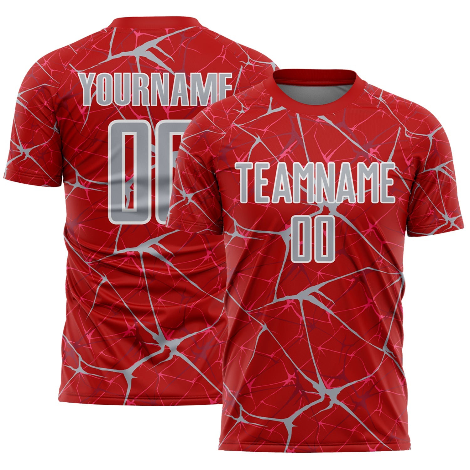 Custom Red Gray-White Abstract Network Crackle Sublimation Soccer Uniform Jersey - Main View