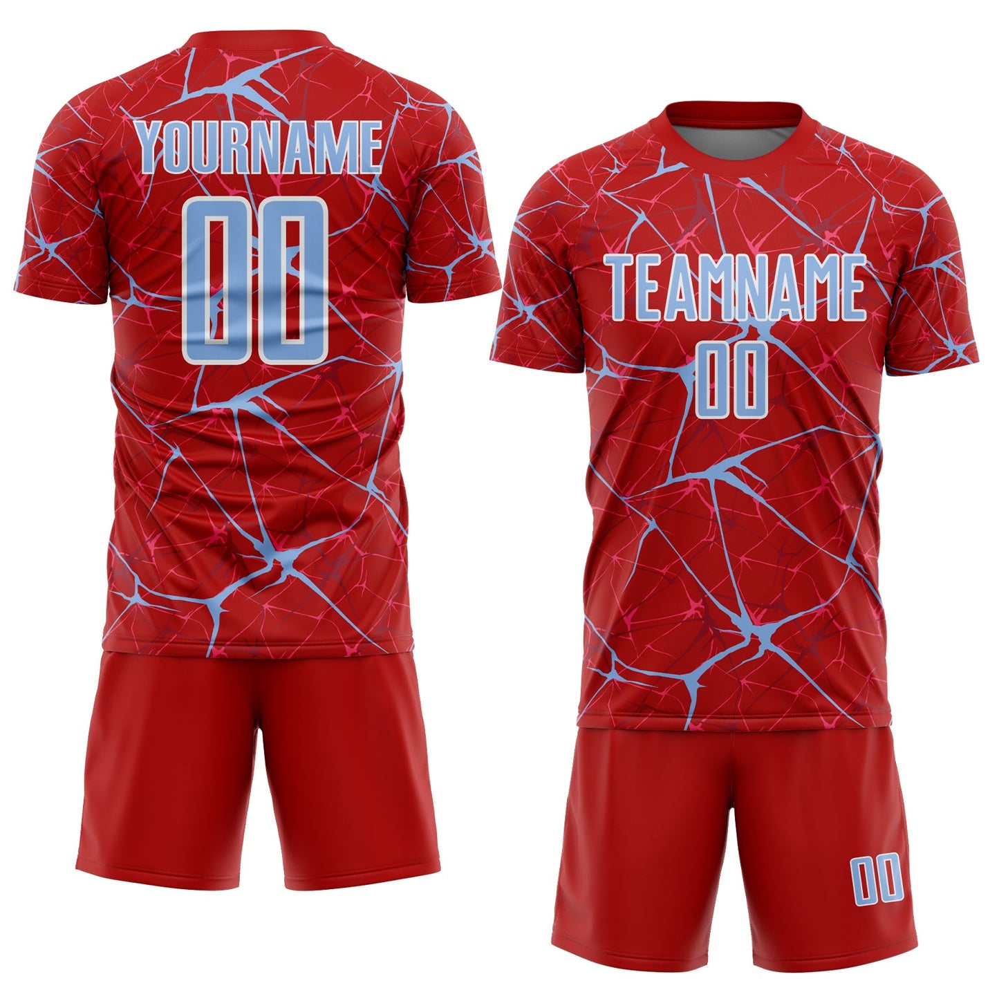 Custom Red Light Blue-White Abstract Network Crackle Sublimation Soccer Uniform Jersey view 2