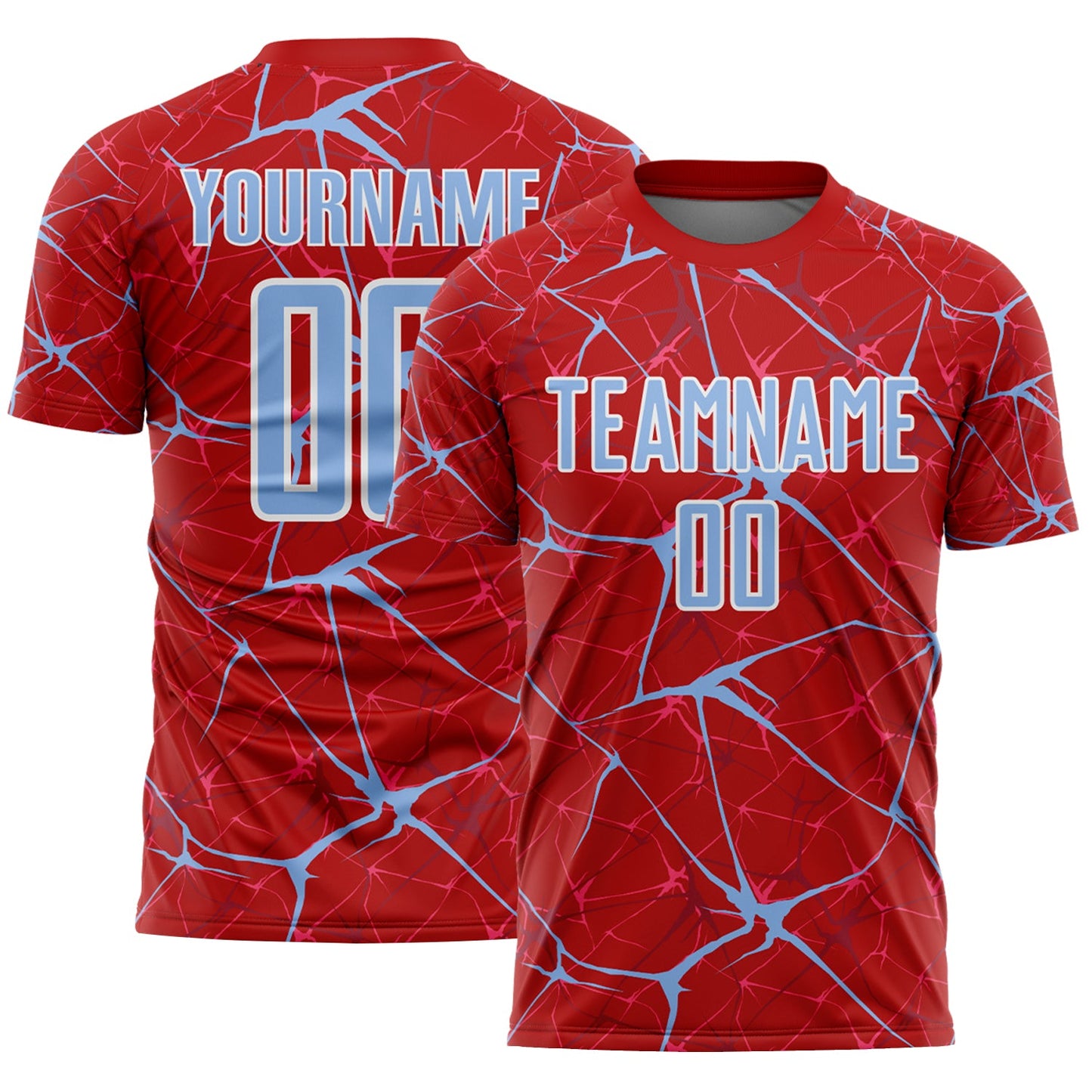Custom Red Light Blue-White Abstract Network Crackle Sublimation Soccer Uniform Jersey - Main View