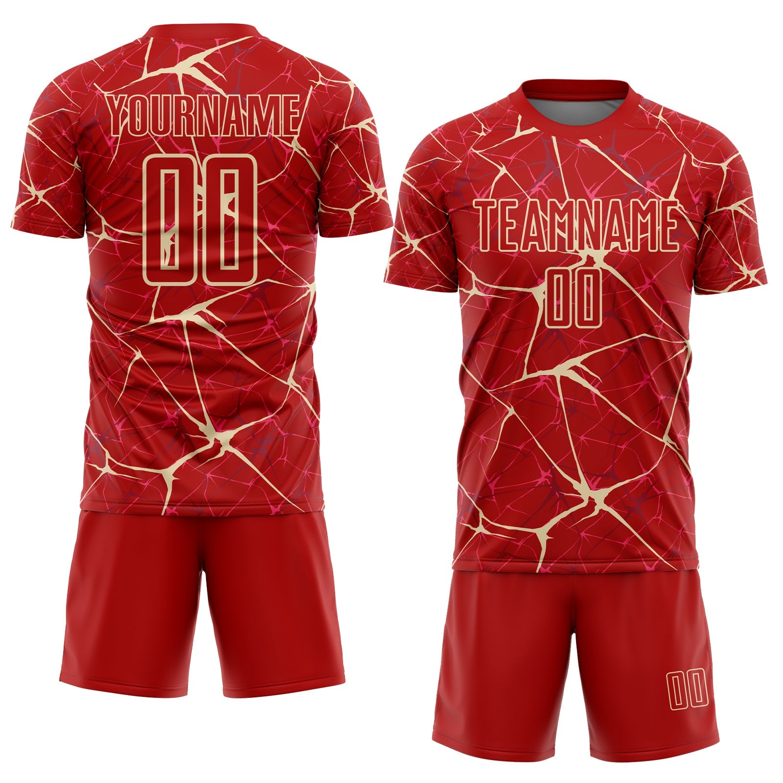 Custom Red-Cream Abstract Network Crackle Sublimation Soccer Uniform Jersey view 2