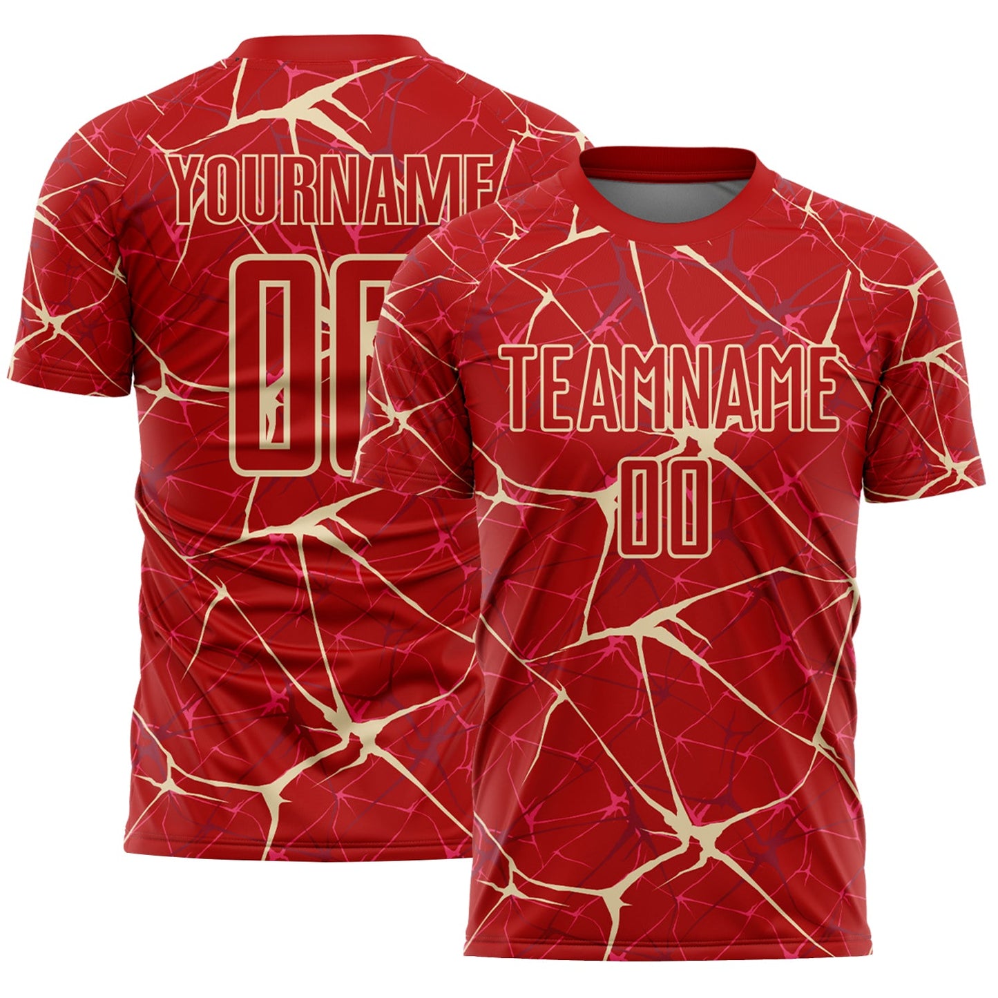 Custom Red-Cream Abstract Network Crackle Sublimation Soccer Uniform Jersey - Main View