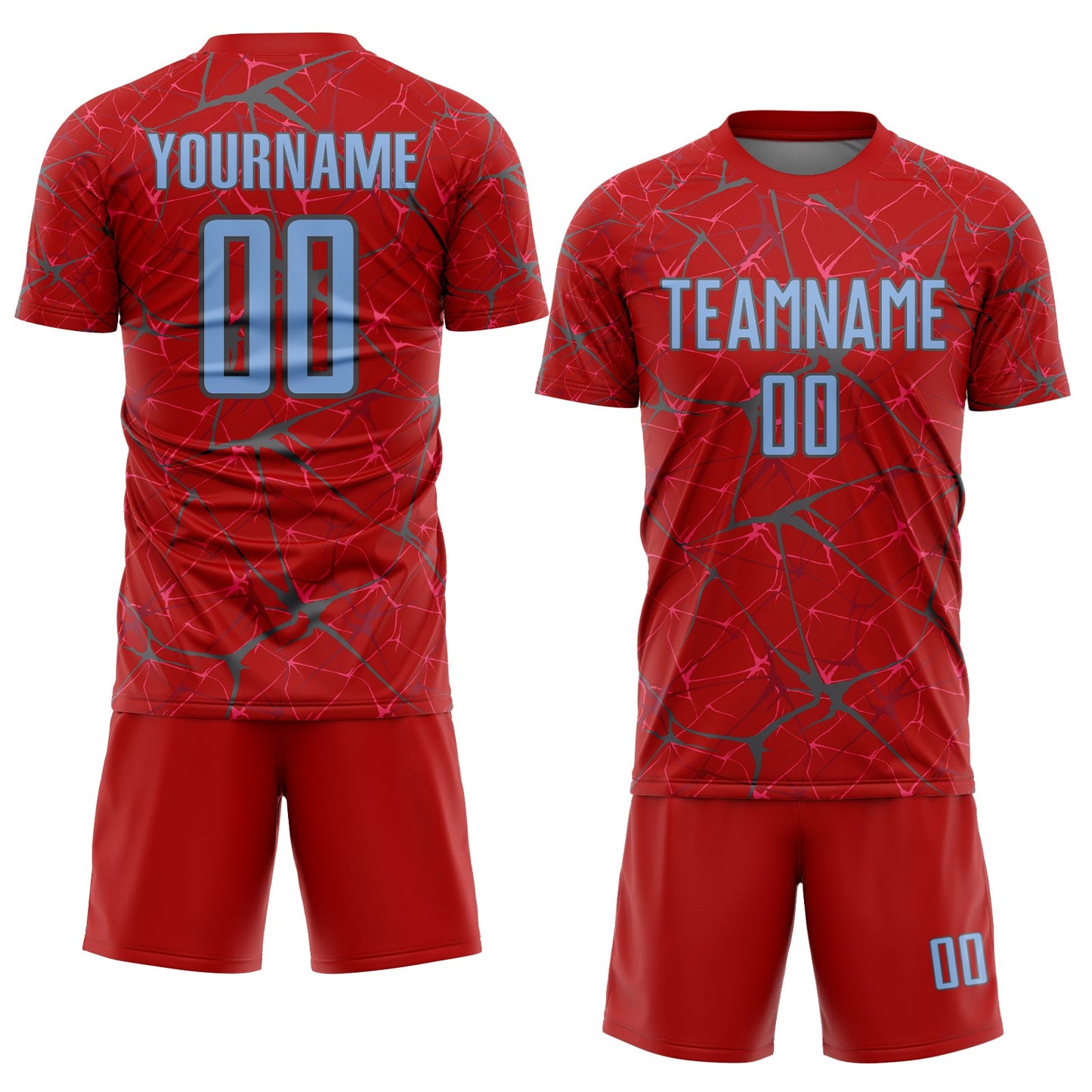Custom Red Light Blue-Steel Gray Abstract Network Crackle Sublimation Soccer Uniform Jersey view 2