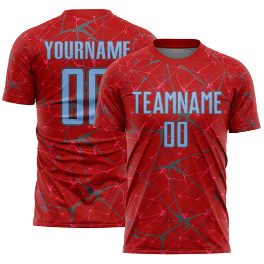 Custom Red Light Blue-Steel Gray Abstract Network Crackle Sublimation Soccer Uniform Jersey - Main View