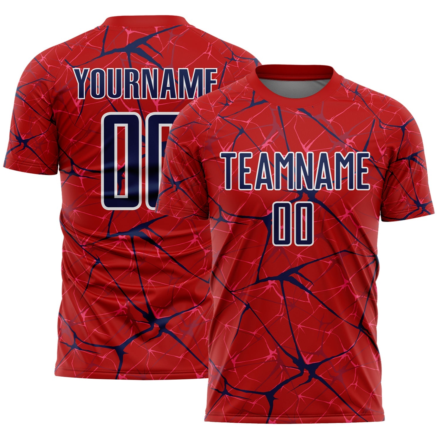 Custom Red Navy-White Abstract Network Crackle Sublimation Soccer Uniform Jersey - Main View
