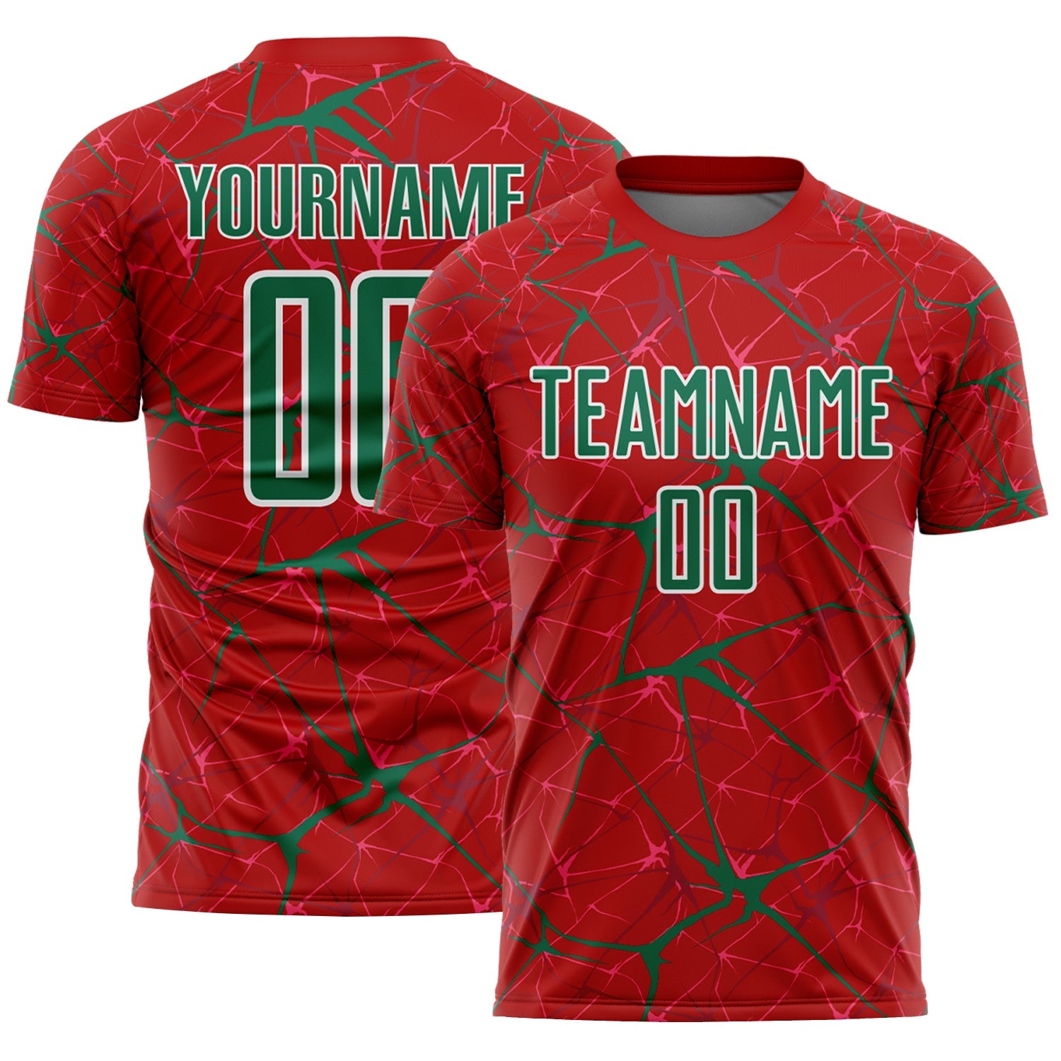 Custom Red Kelly Green-White Abstract Network Crackle Sublimation Soccer Uniform Jersey - Main View