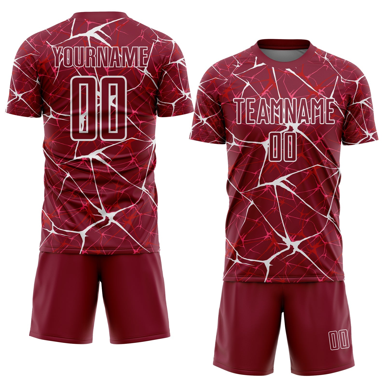 Custom Crimson-White Abstract Network Crackle Sublimation Soccer Uniform Jersey view 2