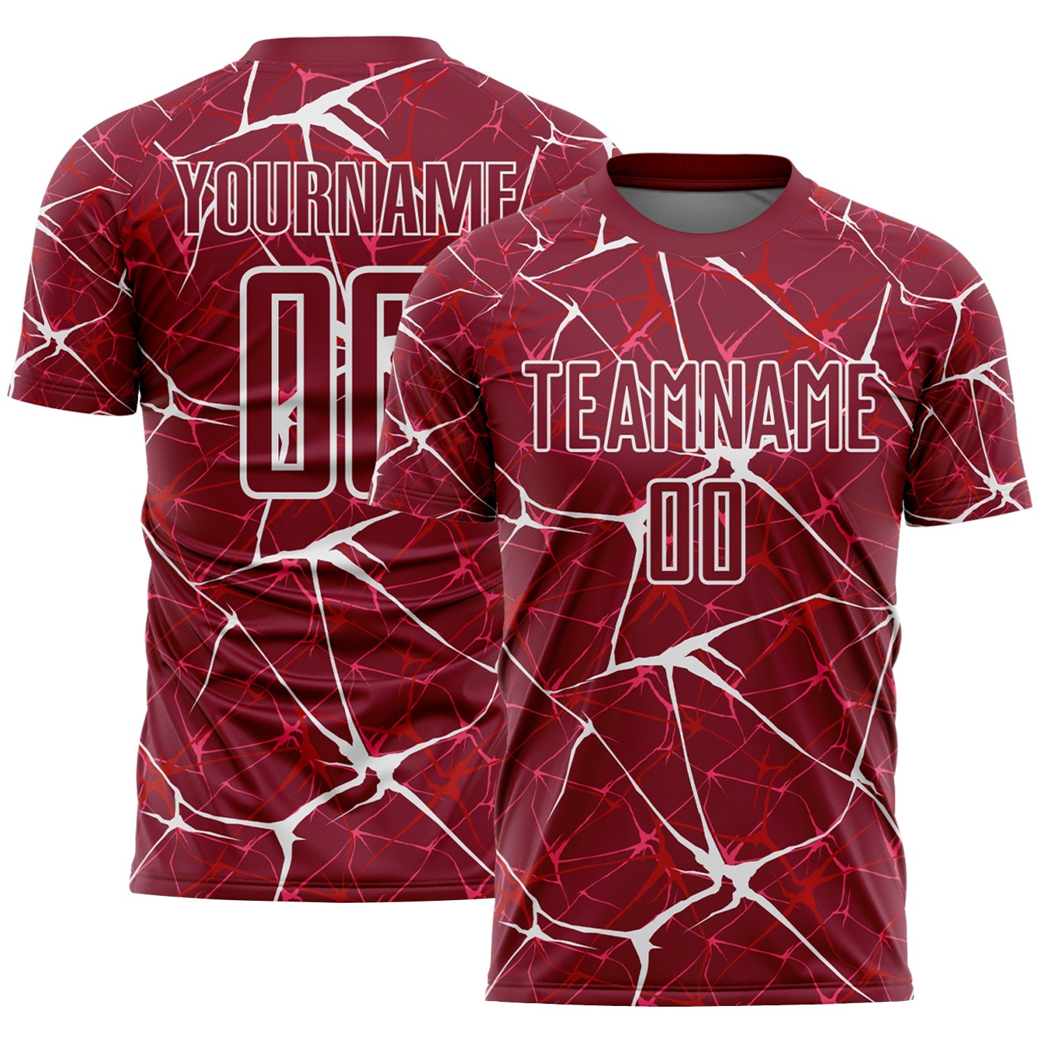Custom Crimson-White Abstract Network Crackle Sublimation Soccer Uniform Jersey - Main View