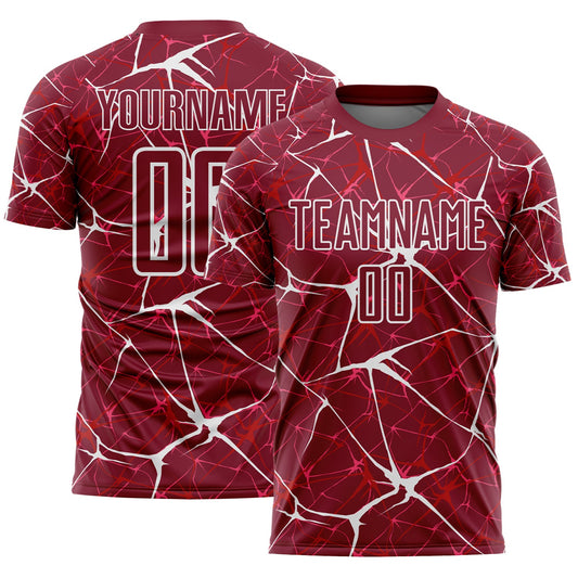 Custom Crimson-White Abstract Network Crackle Sublimation Soccer Uniform Jersey - Main View