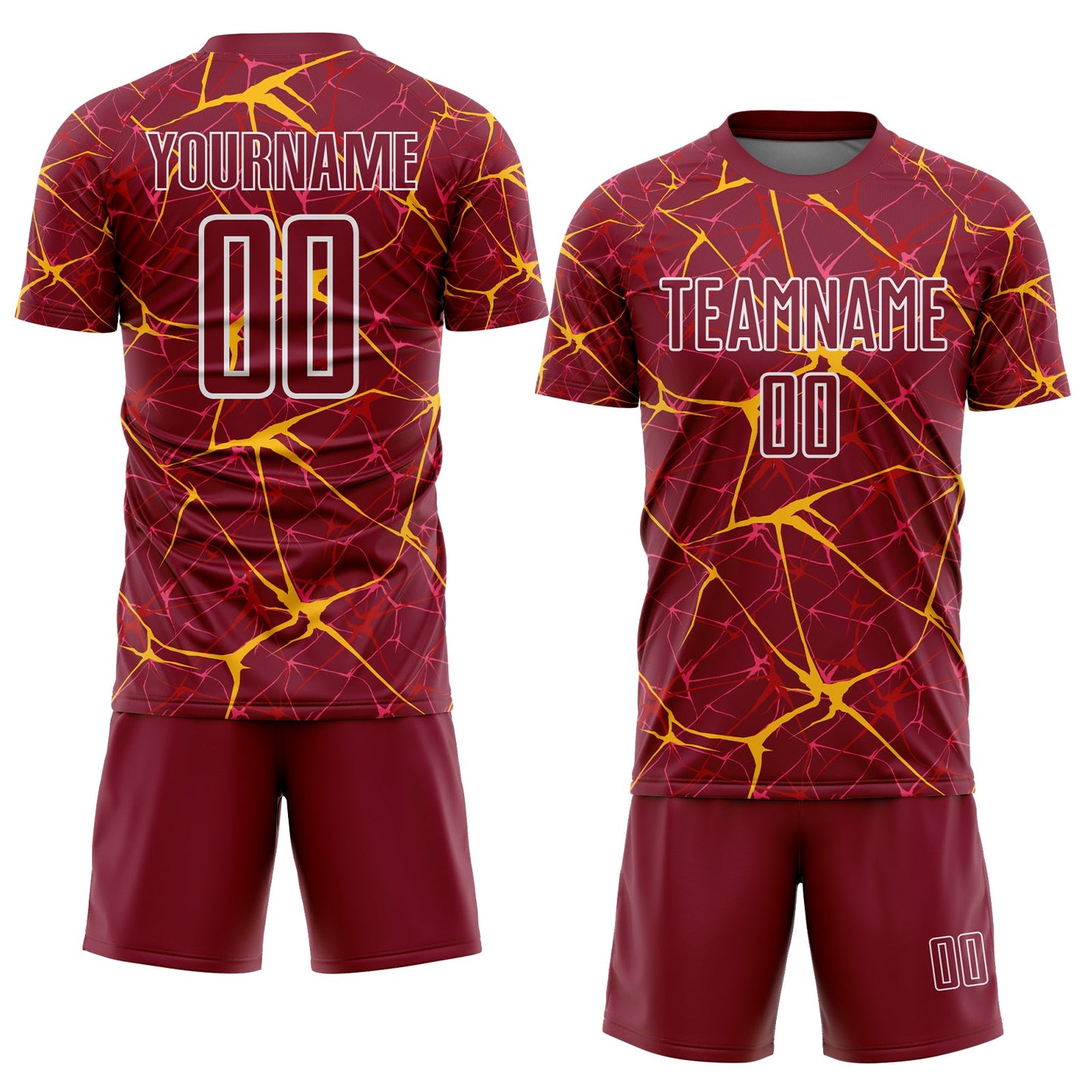 Custom Crimson Gold-White Abstract Network Crackle Sublimation Soccer Uniform Jersey view 2