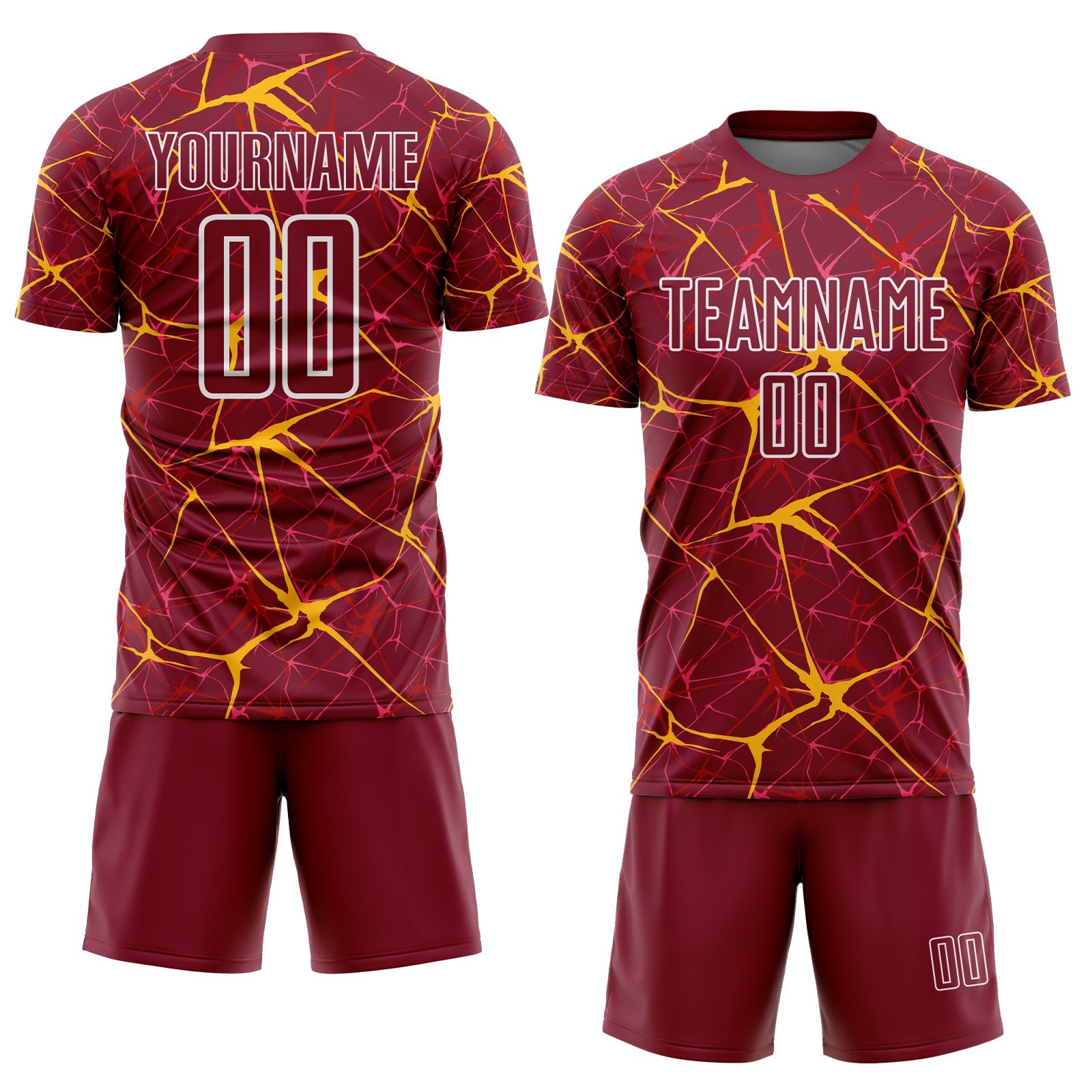 Custom Crimson Gold-White Abstract Network Crackle Sublimation Soccer Uniform Jersey view 2