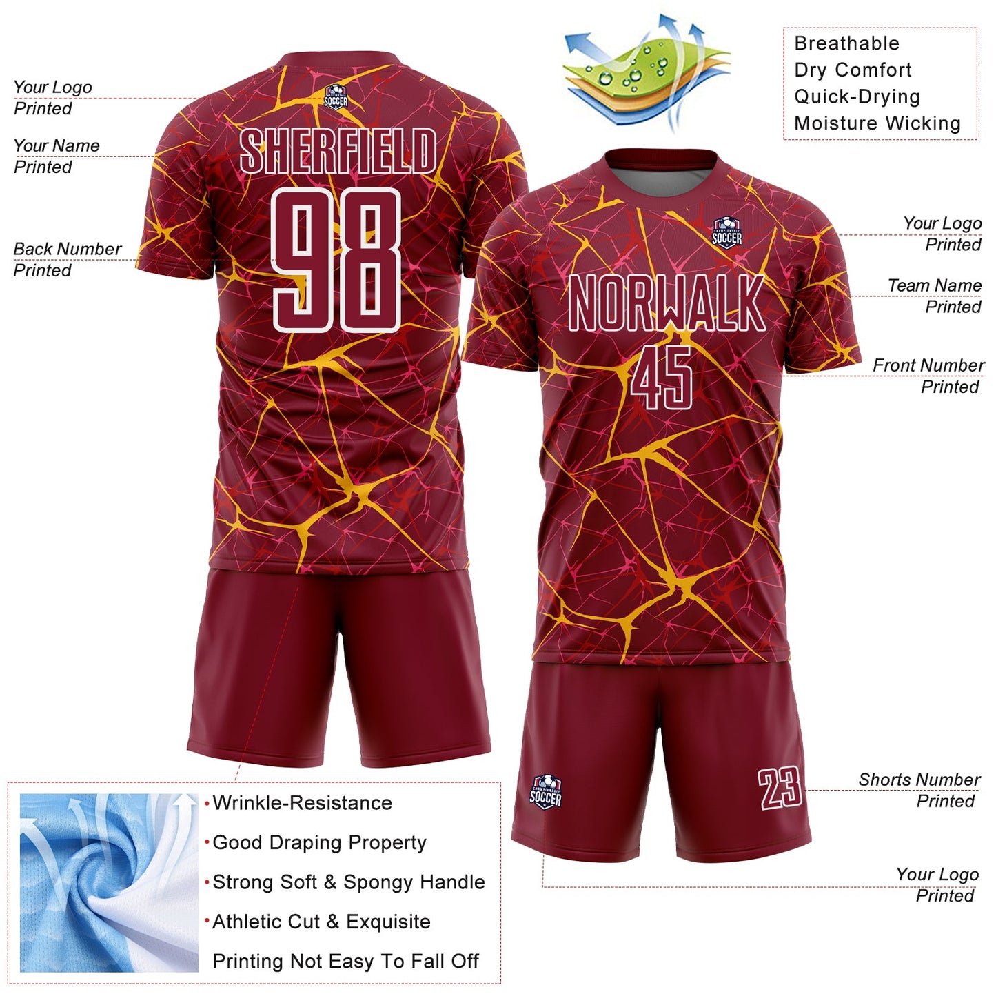 Custom Crimson Gold-White Abstract Network Crackle Sublimation Soccer Uniform Jersey view 4