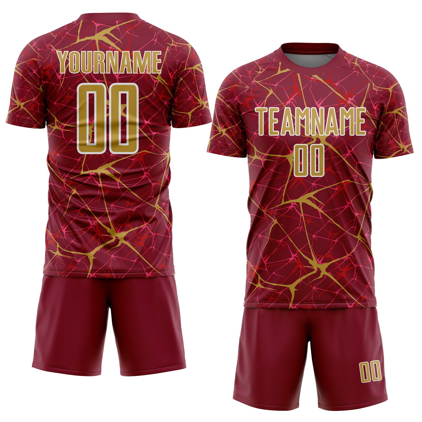 Custom Crimson Old Gold-White Abstract Network Crackle Sublimation Soccer Uniform Jersey view 2