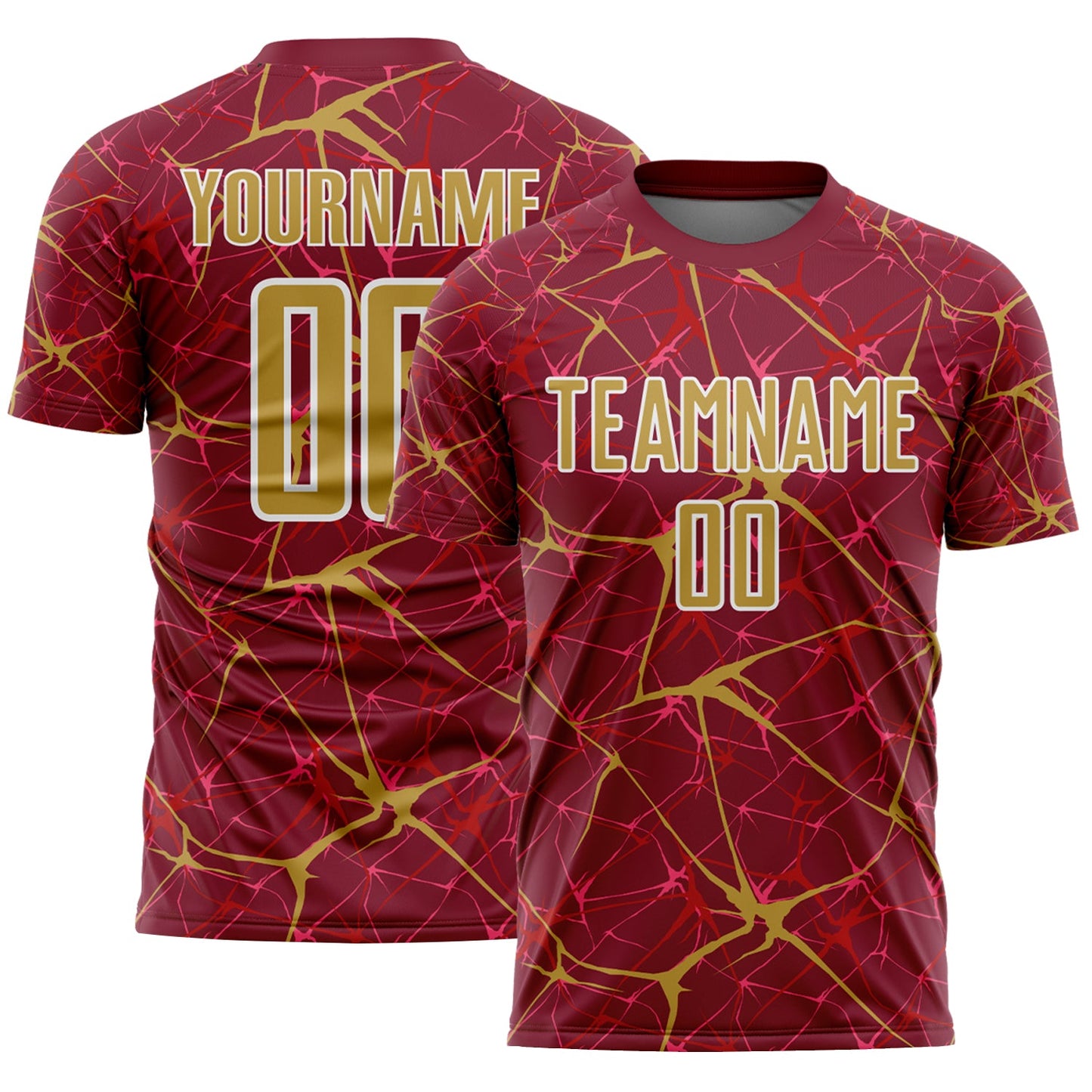 Custom Crimson Old Gold-White Abstract Network Crackle Sublimation Soccer Uniform Jersey - Main View