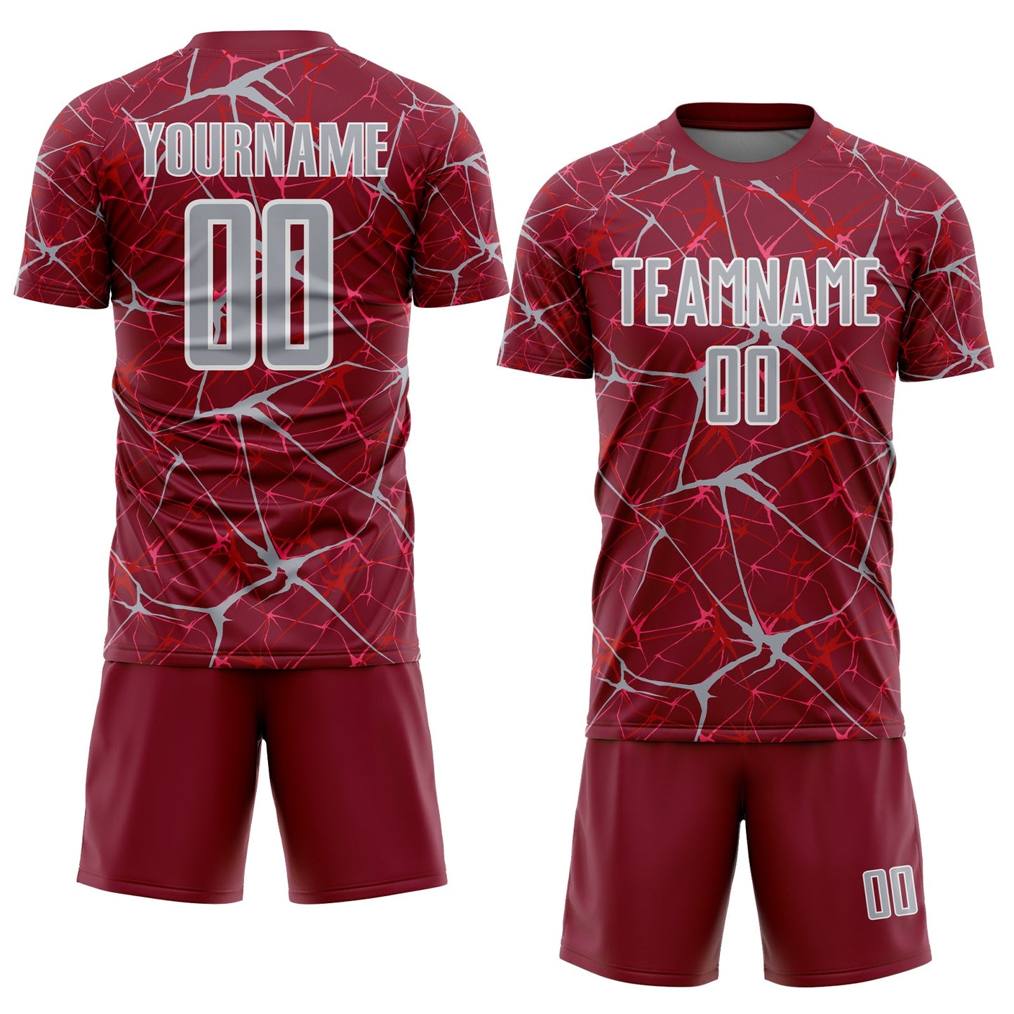 Custom Crimson Gray-White Abstract Network Crackle Sublimation Soccer Uniform Jersey view 2