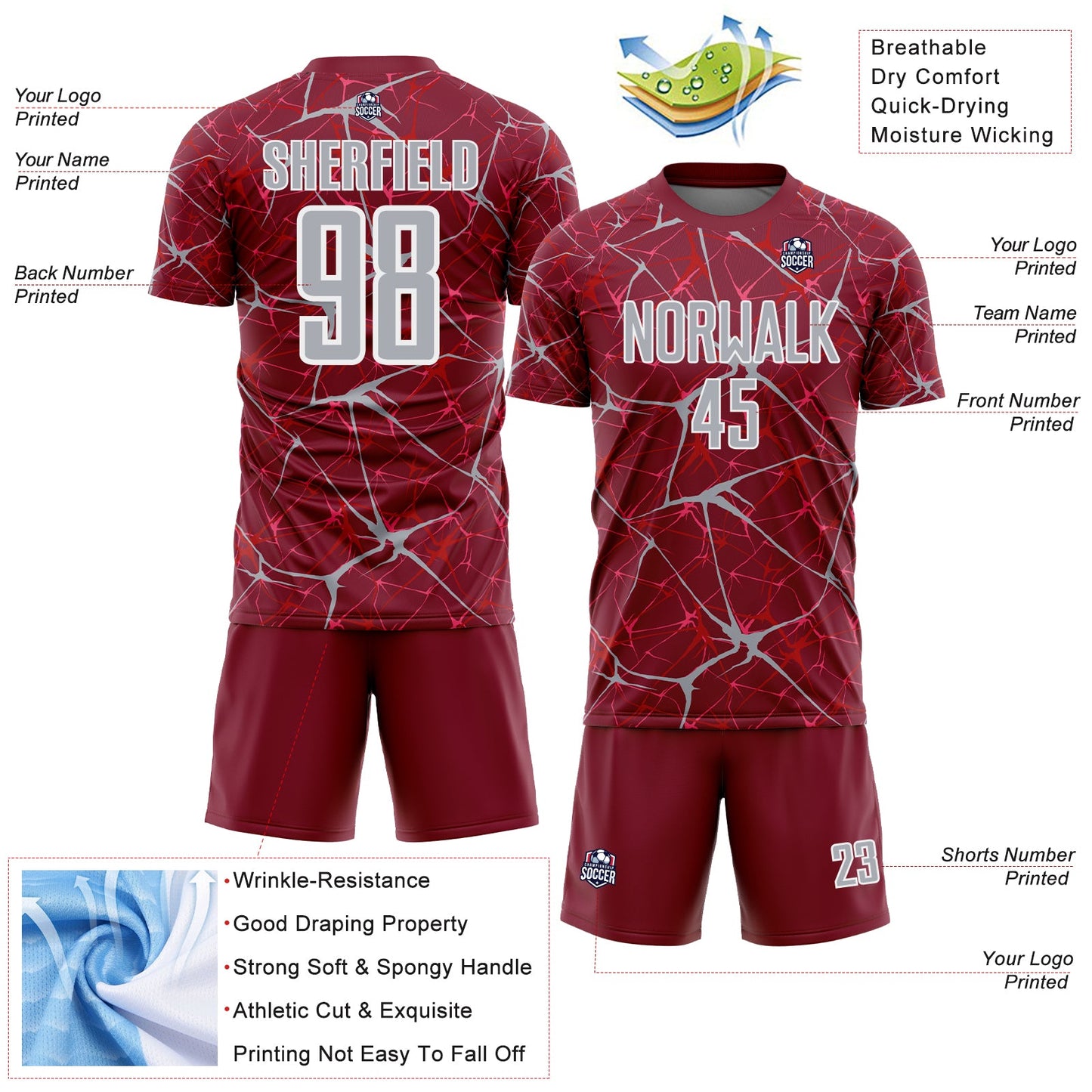 Custom Crimson Gray-White Abstract Network Crackle Sublimation Soccer Uniform Jersey view 4