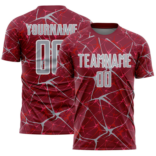 Custom Crimson Gray-White Abstract Network Crackle Sublimation Soccer Uniform Jersey - Main View